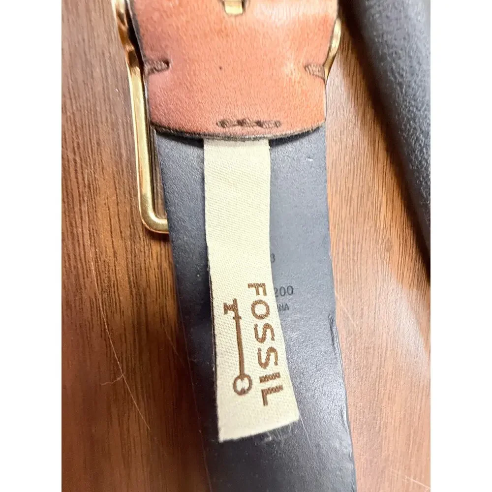 Fossil Leather Belt Brass Buckle Classic Casual Brown Medium 40 Inch READ